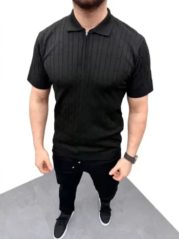 Erkek Yazlık Triko Saç Örgü Tişört Kısa Kol Polo Yaka Fermuarlı T-Shirt - Siyah