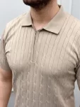 Erkek Yazlık Triko Saç Örgü Tişört Kısa Kol Polo Yaka Fermuarlı T-Shirt – Bej