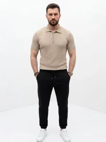 Erkek Yazlık Triko Saç Örgü Tişört Kısa Kol Polo Yaka Fermuarlı T-Shirt - Bej