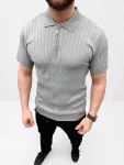 Erkek Yazlık Triko Saç Örgü Tişört Kısa Kol Polo Yaka Fermuarlı T-Shirt – Gri