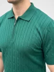 Erkek Yazlık Triko Saç Örgü Tişört Kısa Kol Polo Yaka Fermuarlı T-Shirt – Haki