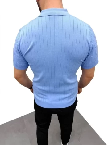 Erkek Yazlık Triko Saç Örgü Tişört Kısa Kol Polo Yaka Fermuarlı T-Shirt - Bebe Mavisi