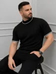 Erkek Fitilli Triko Dokuma Kısa Kol Tişört Yarım Boğaz Modern Yazlık T-Shirt – Siyah