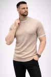 Erkek Fitilli Triko Dokuma Kısa Kol Tişört Yarım Boğaz Modern Yazlık T-Shirt – Bej