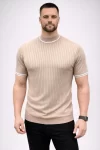 Erkek Fitilli Triko Dokuma Kısa Kol Tişört Yarım Boğaz Modern Yazlık T-Shirt – Bej