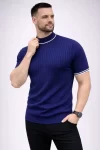 Erkek Fitilli Triko Dokuma Kısa Kol Tişört Yarım Boğaz Modern Yazlık T-Shirt – Lacivert