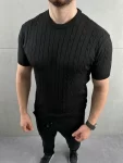 Erkek Yazlık Triko Dokuma Tişört Kısa Kol Bisiklet Yaka Örgü Desenli T-Shirt – Siyah