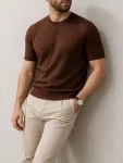 Erkek Yazlık Triko Dokuma Tişört Kısa Kol Bisiklet Yaka Örgü Desenli T-Shirt – Kahverengi