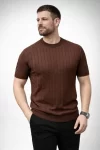 Erkek Yazlık Triko Dokuma Tişört Kısa Kol Bisiklet Yaka Örgü Desenli T-Shirt – Kahverengi