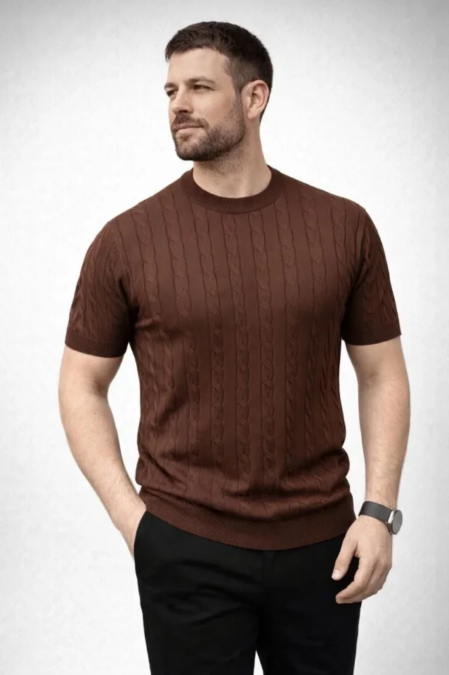 Erkek Yazlık Triko Dokuma Tişört Kısa Kol Bisiklet Yaka Örgü Desenli T-Shirt - Kahverengi Erkek Yazlık Triko Dokuma Tişört Kısa Kol Bisiklet Yaka Örgü Desenli T-Shirt - Kahverengi