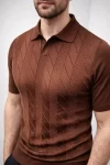 Erkek Yazlık Triko Dokuma Tişört Kısa Kol Polo Yaka T-Shirt – Kahverengi
