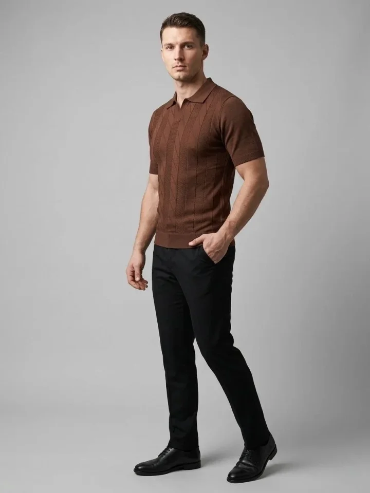 Erkek Yazlık Triko Dokuma Tişört Kısa Kol Polo Yaka T-Shirt - Kahverengi Erkek Yazlık Triko Dokuma Tişört Kısa Kol Polo Yaka T-Shirt - Kahverengi