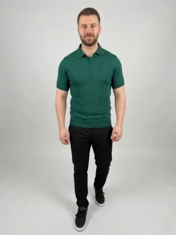 Erkek Yazlık Triko Dokuma Tişört Kısa Kol Polo Yaka T-Shirt - Koyu Yeşil