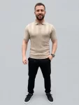 Erkek Yazlık Triko Dokuma Tişört Kısa Kol Polo Yaka T-Shirt – Bej