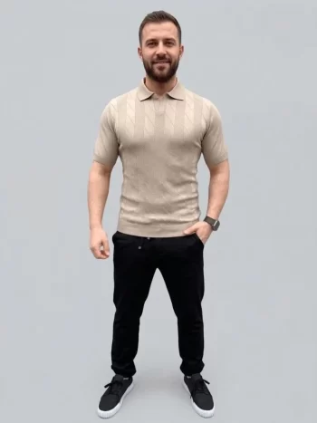 Erkek Yazlık Triko Dokuma Tişört Kısa Kol Polo Yaka T-Shirt - Bej