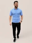 Erkek Yazlık Triko Dokuma Tişört Kısa Kol Polo Yaka T-Shirt – Bebek Mavisi