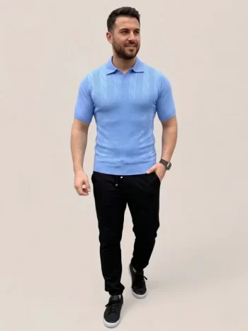 Erkek Yazlık Triko Dokuma Tişört Kısa Kol Polo Yaka T-Shirt - Bebek Mavisi