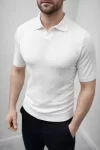 Erkek Yazlık Triko Dokuma Tişört Kısa Kol Polo Yaka T-Shirt – Beyaz