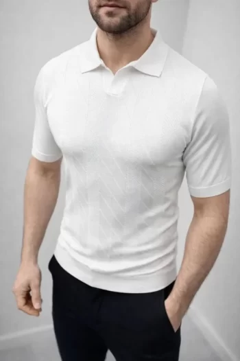 Erkek Yazlık Triko Dokuma Tişört Kısa Kol Polo Yaka T-Shirt - Beyaz