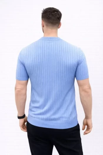 Erkek Kısa Kol Fitilli Triko T-Shirt Yazlık Hakim Yaka Tişört - Bebek Mavisi