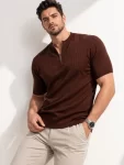 Erkek Kısa Kol Fitilli Triko T-Shirt Yazlık Hakim Yaka Tişört – Kahverengi