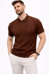 Erkek Yazlık Triko Tişört Kısa Kol Polo Yaka Düğmeli T-Shirt – Kahverengi