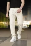 Erkek Keten Cepli Pantolon Lastikli Bel Bağcıklı Önden Fermuarlı – Krem
