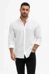Erkek KETEN Kumaş Oversize Uzun Kollu Rahat Kalıp Gömlek – Beyaz