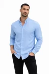Erkek KETEN Kumaş Oversize Uzun Kollu Rahat Kalıp Gömlek – Açık Mavi
