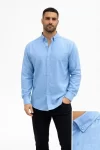 Erkek KETEN Kumaş Oversize Uzun Kollu Rahat Kalıp Gömlek – Açık Mavi
