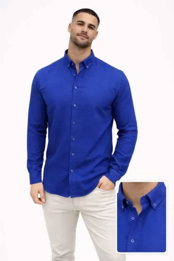 Erkek KETEN Kumaş Oversize Uzun Kollu Rahat Kalıp Gömlek - Saks Mavisi