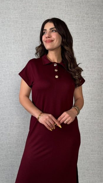 Kadın Kısa Kollu Yakalı Yandan Yırtmaçlı Viskon Iki Iplik Elbise