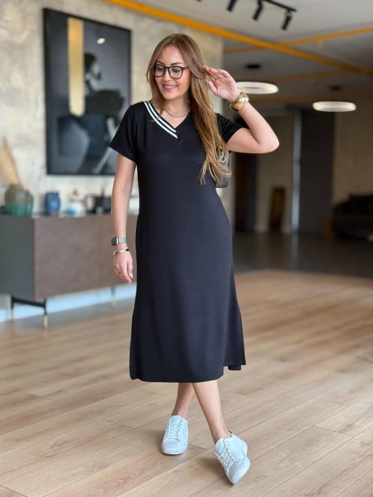 Kadın Kısa Kollu V Ribana Yakalı Yırtmaçlı Midi Viskon Iki Iplik Elbise Kadın Kısa Kollu V Ribana Yakalı Yırtmaçlı Midi Viskon Iki Iplik Elbise