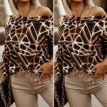 Kadın Uzun Kollu V Yaka Düşük Omuz Geometrik Desen şardonlu Dalgıç Bluz