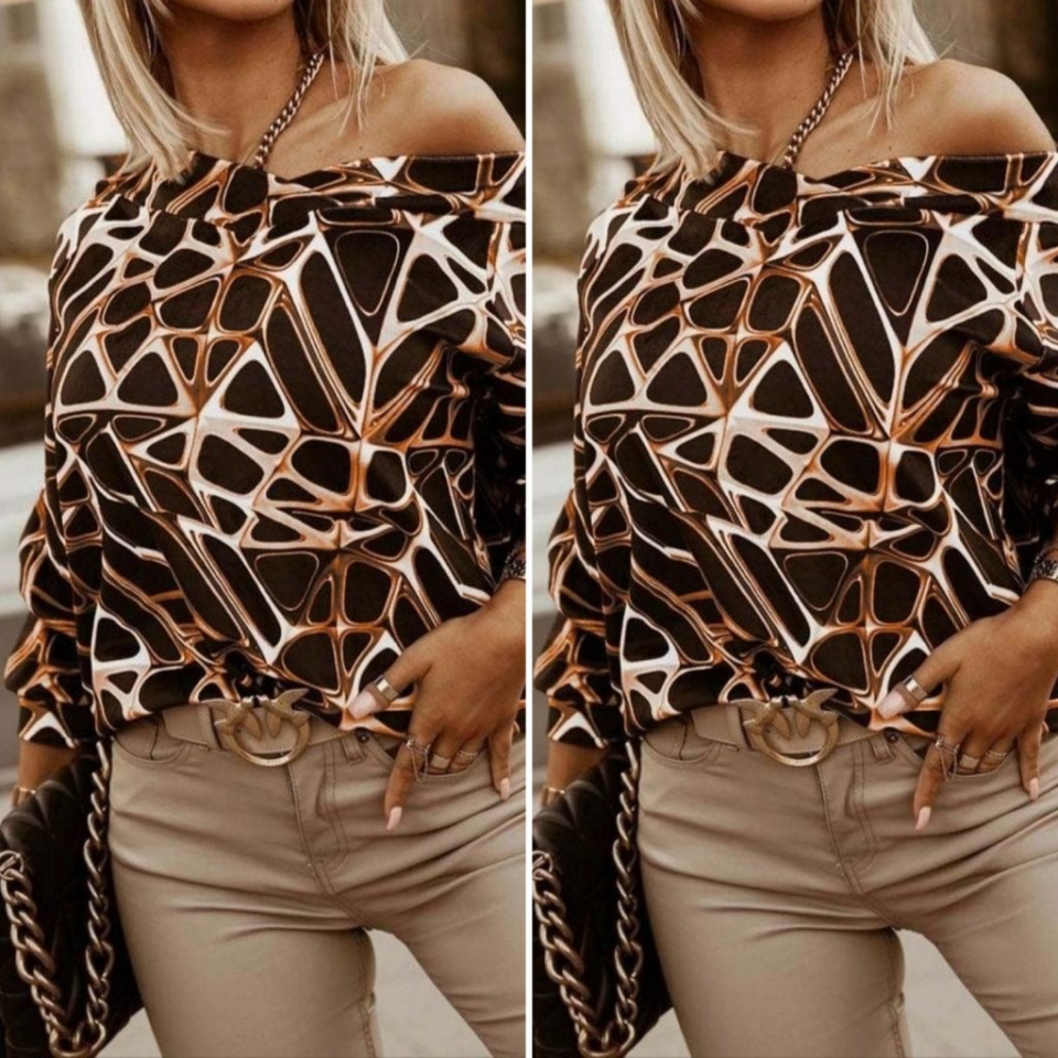 Kadın Uzun Kollu V Yaka Düşük Omuz Geometrik Desen şardonlu Dalgıç Bluz Kadın Uzun Kollu V Yaka Düşük Omuz Geometrik Desen şardonlu Dalgıç Bluz