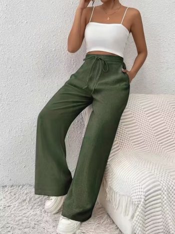 Kadın Yüksek Bel önden Bağlamalı Geniş Kesim Keten Pantolon