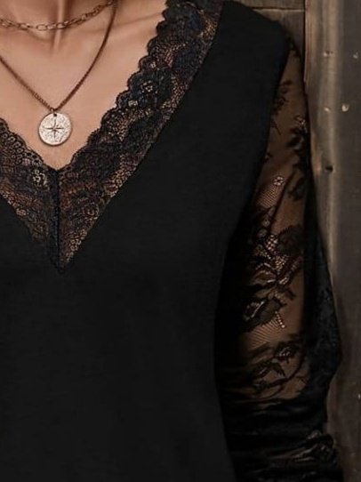 Kadın Uzun Kollu V Dantel Yakalı Viskon Bluz Kadın Uzun Kollu V Dantel Yakalı Viskon Bluz