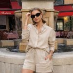 Kadın Uzun Kollu Salaş Gömlek Ve şort Keten Ikili Takım