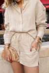 Kadın Uzun Kollu Salaş Gömlek Ve şort Keten Ikili Takım