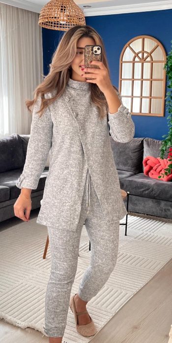 Kadın Uzun Kollu Balıkçı Yaka önden Düğmeli Bluz Ve Pantolon Yumoş Ikili Takım