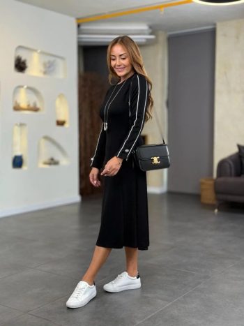 Kadın Uzun Kollu Bisiklet Yaka Midi Modal Elbise