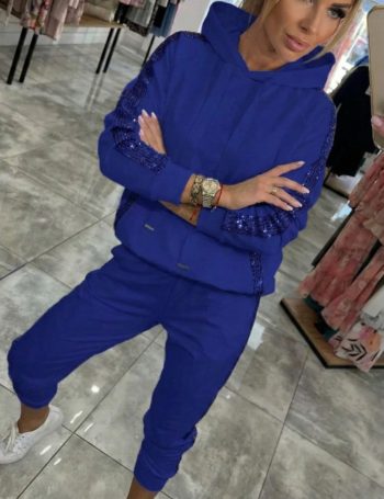 Kadın Uzun Kollu Kapşonlu Pulpayet Detay Viskon Iki Iplik Bluz Ve Pantolon Ikili Takım