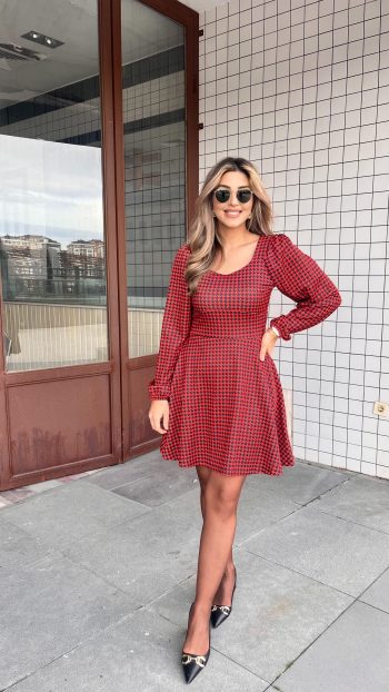 Kadın Uzun Kollu Kare Kalp Yakalı Mini Modal Elbise