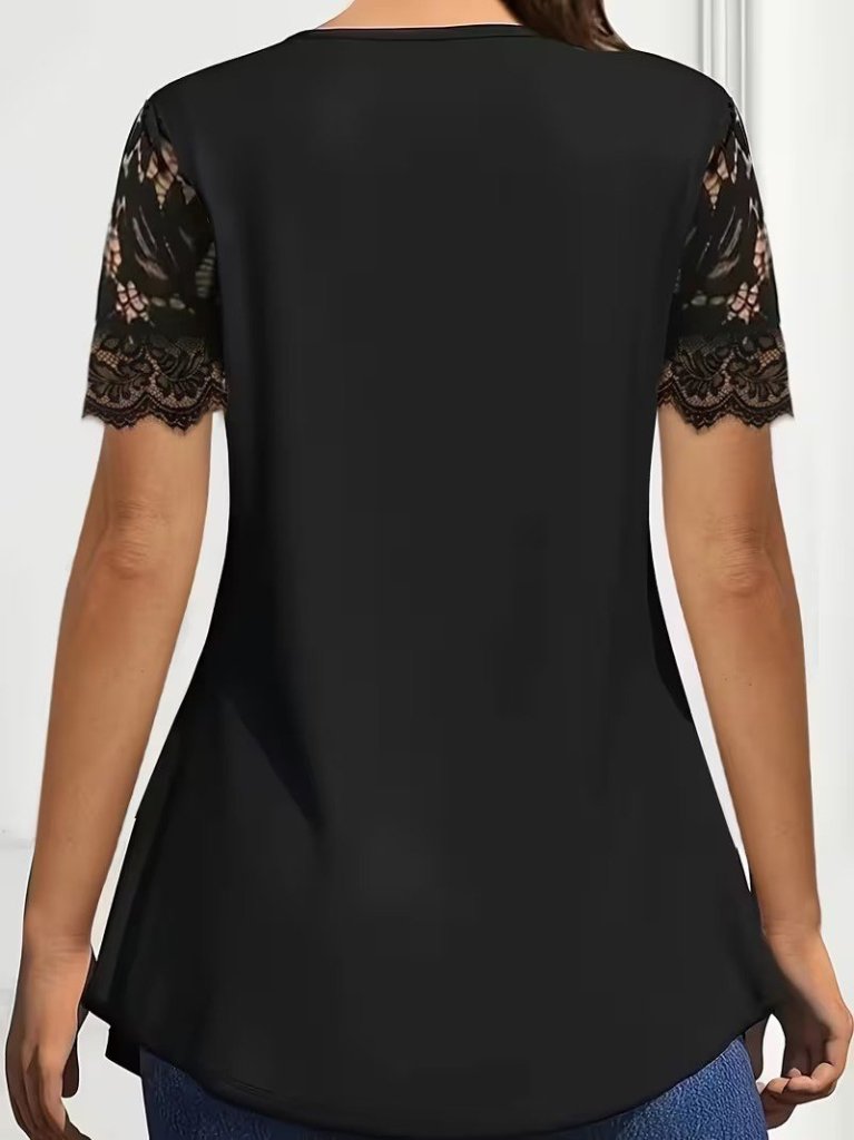 Kadın Kısa Kollu V Dantel Yakalı Düğmeli Viskon Bluz Kadın Kısa Kollu V Dantel Yakalı Düğmeli Viskon Bluz