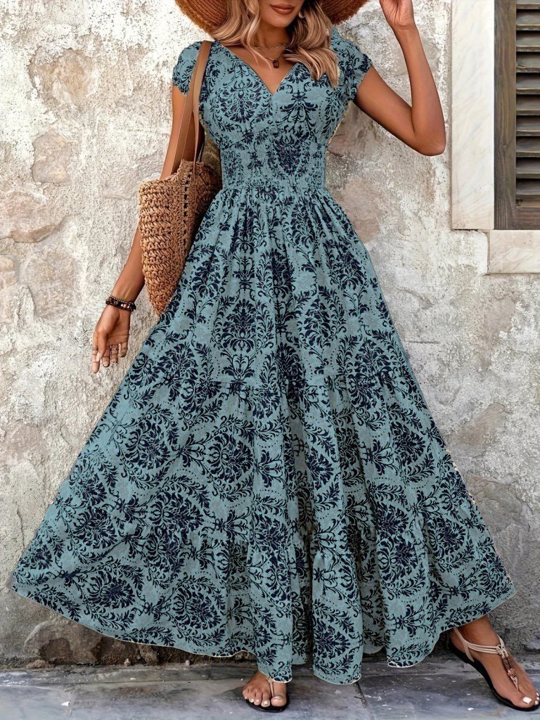 Kadın Kısa Kollu Kruvaze Yaka Beli Lastikli Süprem Maksi Boy Elbise Kadın Kısa Kollu Kruvaze Yaka Beli Lastikli Süprem Maksi Boy Elbise