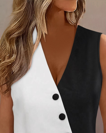 Kadın Sıfır Kol V Yakalı Düğmeli Blok Renkli Atlas Yelek