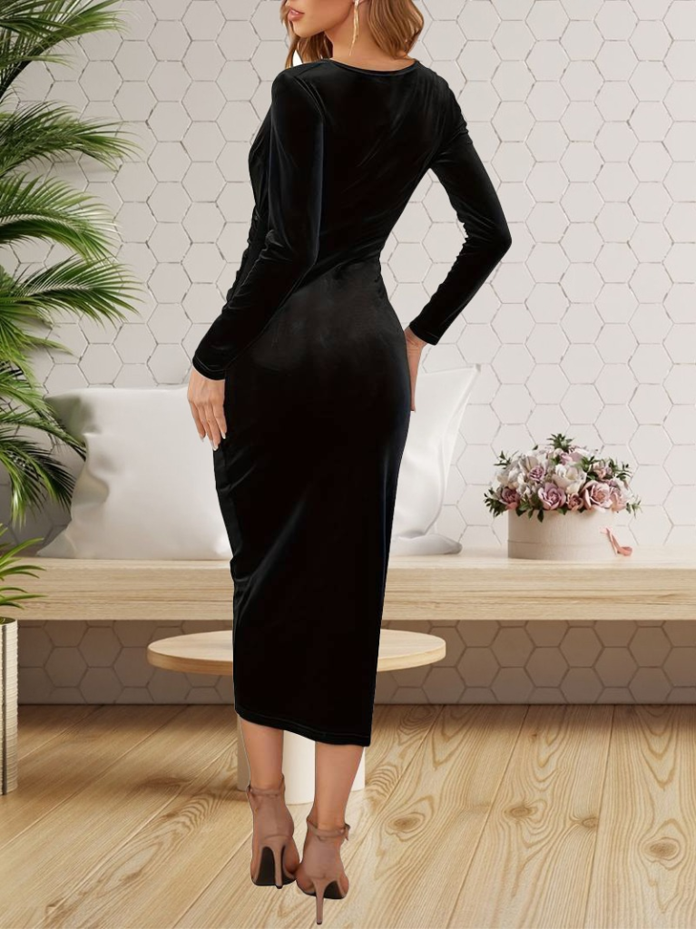 Kadın Uzun Kollu Kruvaze Yaka Belden Büzgü Detay Midi Kadife Elbise Kadın Uzun Kollu Kruvaze Yaka Belden Büzgü Detay Midi Kadife Elbise