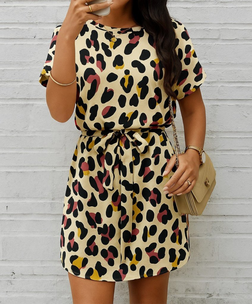 Kadın Kısa Kollu Yuvarlak Yaka Beli Kuşaklı Geometrik Desenli Süprem Elbise Kadın Kısa Kollu Yuvarlak Yaka Beli Kuşaklı Geometrik Desenli Süprem Elbise