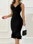 Kadın Askılı V Yaka Arkadan Fermuarlı Dalgıç Elbise