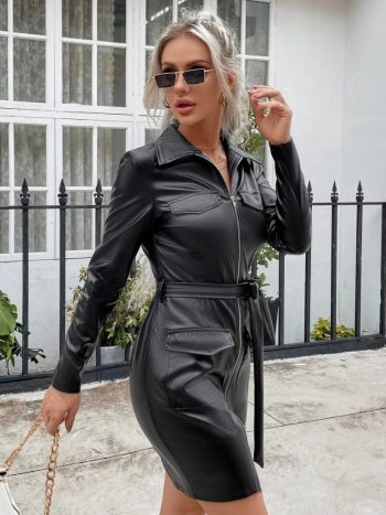 Kadın Uzun Kollu Yakalı Cepli önü Fermuarlı Mini Deri Elbise